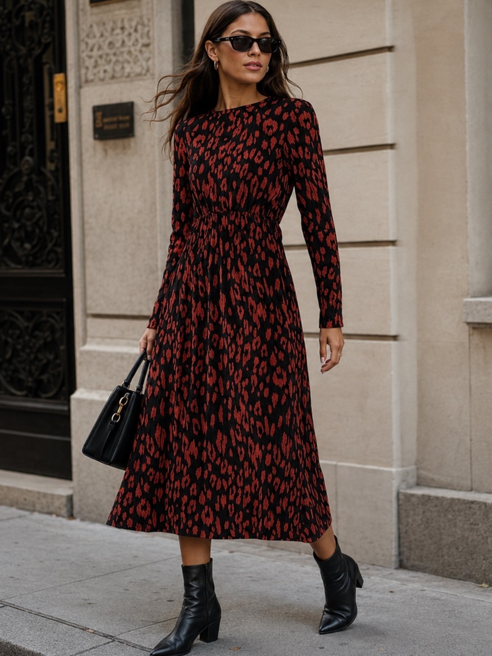 Zara Red Black Leopard Print Midi Dress Size Small